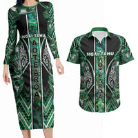 Aotearoa Ngai Tahu Couples Matching Long Sleeve Bodycon Dress and Hawaiian Shirt Maori Tribal Dark Green Paua Shell Pattern