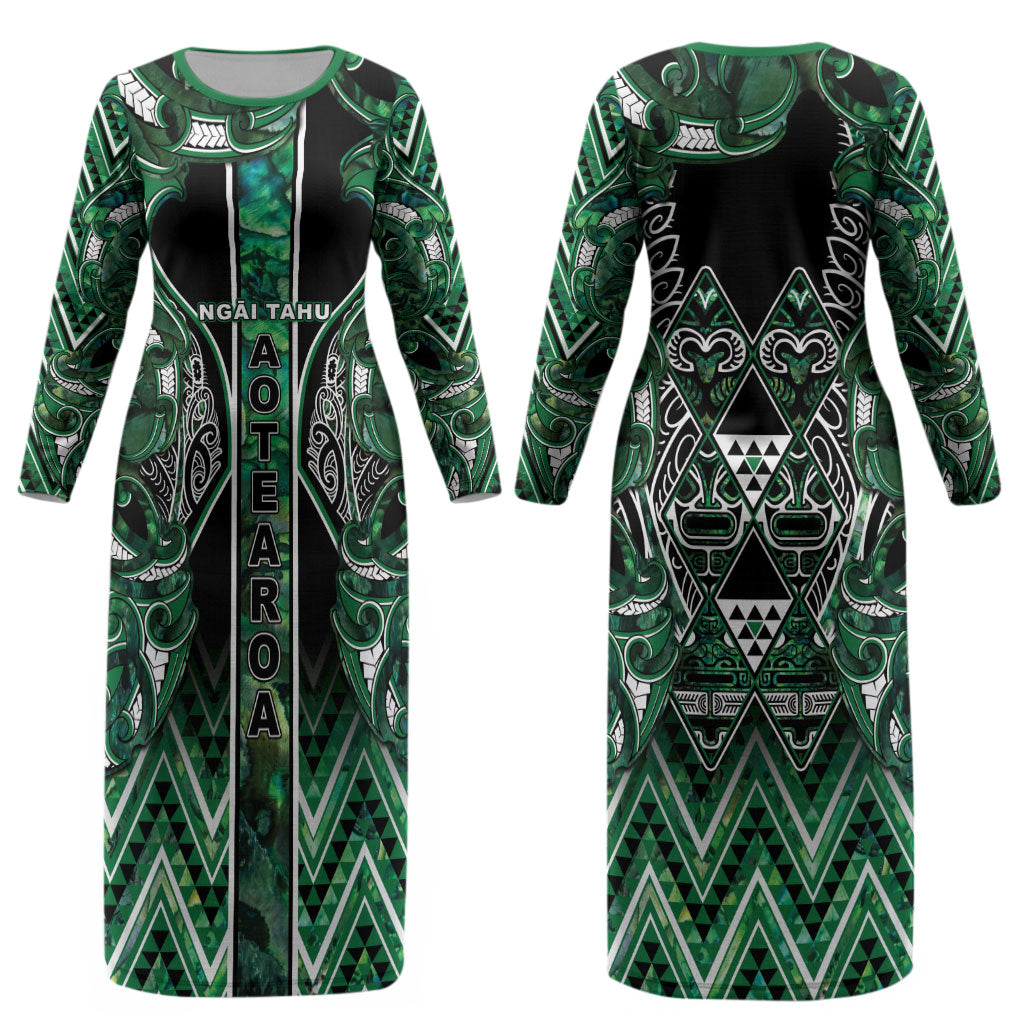 Aotearoa Ngai Tahu Couples Matching Long Sleeve Bodycon Dress and Hawaiian Shirt Maori Tribal Dark Green Paua Shell Pattern