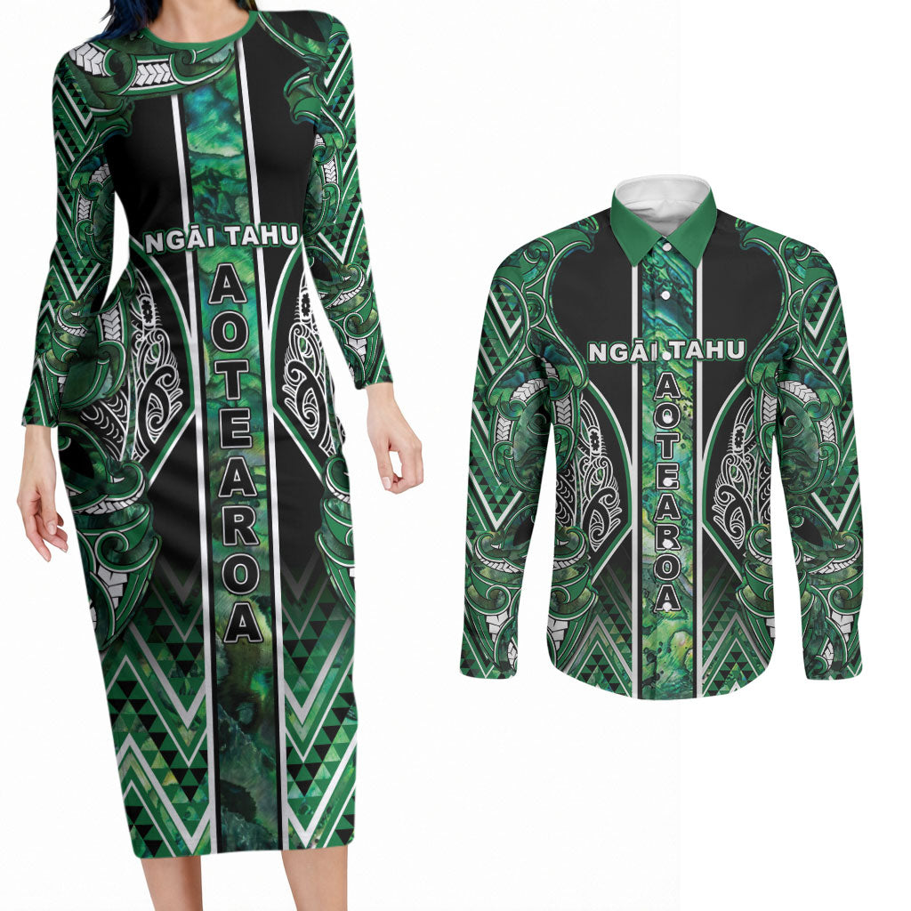 Aotearoa Ngai Tahu Couples Matching Long Sleeve Bodycon Dress and Long Sleeve Button Shirt Maori Tribal Dark Green Paua Shell Pattern
