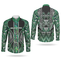 Aotearoa Ngai Tahu Couples Matching Long Sleeve Bodycon Dress and Long Sleeve Button Shirt Maori Tribal Dark Green Paua Shell Pattern