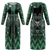 Aotearoa Ngai Tahu Couples Matching Long Sleeve Bodycon Dress and Long Sleeve Button Shirt Maori Tribal Dark Green Paua Shell Pattern