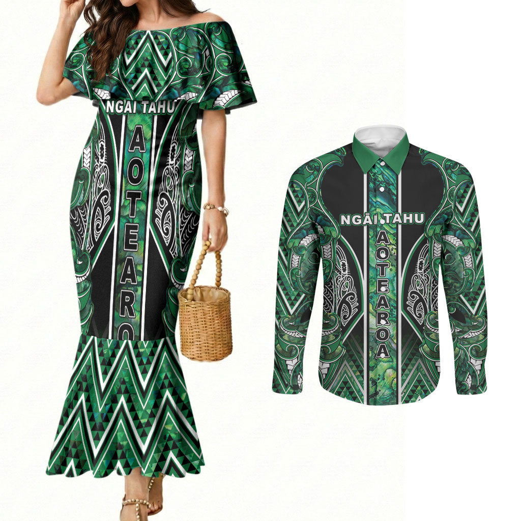 Aotearoa Ngai Tahu Couples Matching Mermaid Dress and Long Sleeve Button Shirt Maori Tribal Dark Green Paua Shell Pattern DT05 Green - Polynesian Pride