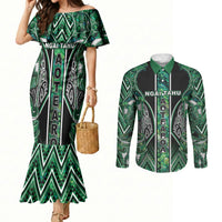 Aotearoa Ngai Tahu Couples Matching Mermaid Dress and Long Sleeve Button Shirt Maori Tribal Dark Green Paua Shell Pattern