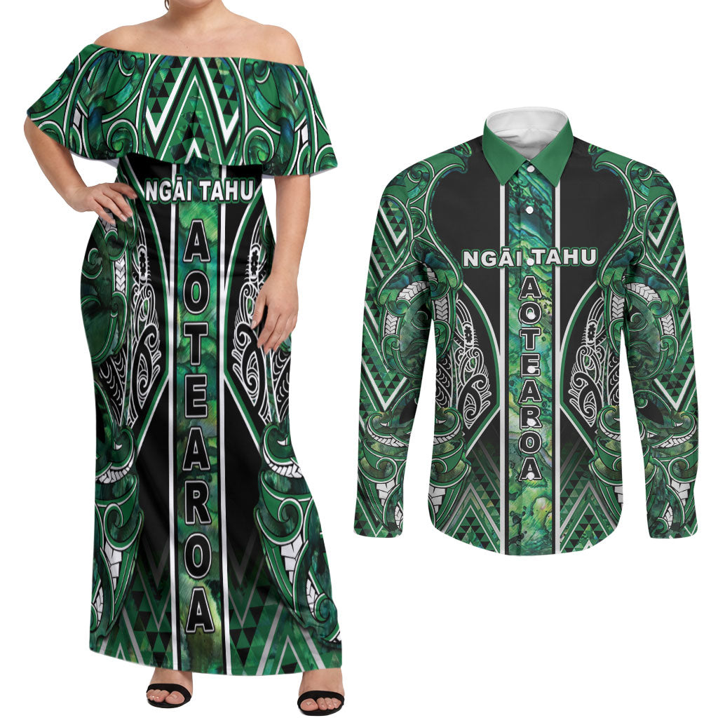 Aotearoa Ngai Tahu Couples Matching Off Shoulder Maxi Dress and Long Sleeve Button Shirt Maori Tribal Dark Green Paua Shell Pattern