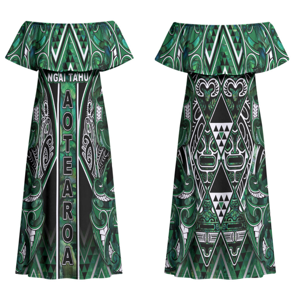 Aotearoa Ngai Tahu Couples Matching Off Shoulder Maxi Dress and Long Sleeve Button Shirt Maori Tribal Dark Green Paua Shell Pattern