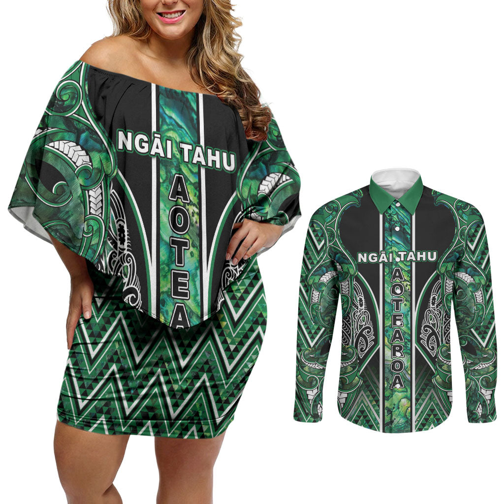 Aotearoa Ngai Tahu Couples Matching Off Shoulder Short Dress and Long Sleeve Button Shirt Maori Tribal Dark Green Paua Shell Pattern
