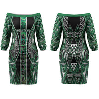 Aotearoa Ngai Tahu Couples Matching Off The Shoulder Long Sleeve Dress and Hawaiian Shirt Maori Tribal Dark Green Paua Shell Pattern