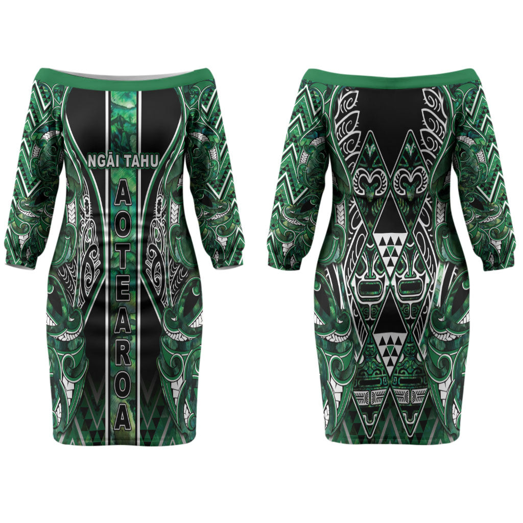 Aotearoa Ngai Tahu Couples Matching Off The Shoulder Long Sleeve Dress and Long Sleeve Button Shirt Maori Tribal Dark Green Paua Shell Pattern