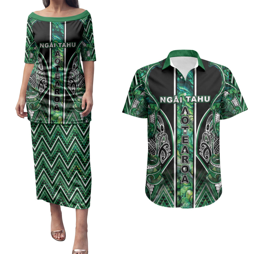 Aotearoa Ngai Tahu Couples Matching Puletasi and Hawaiian Shirt Maori Tribal Dark Green Paua Shell Pattern