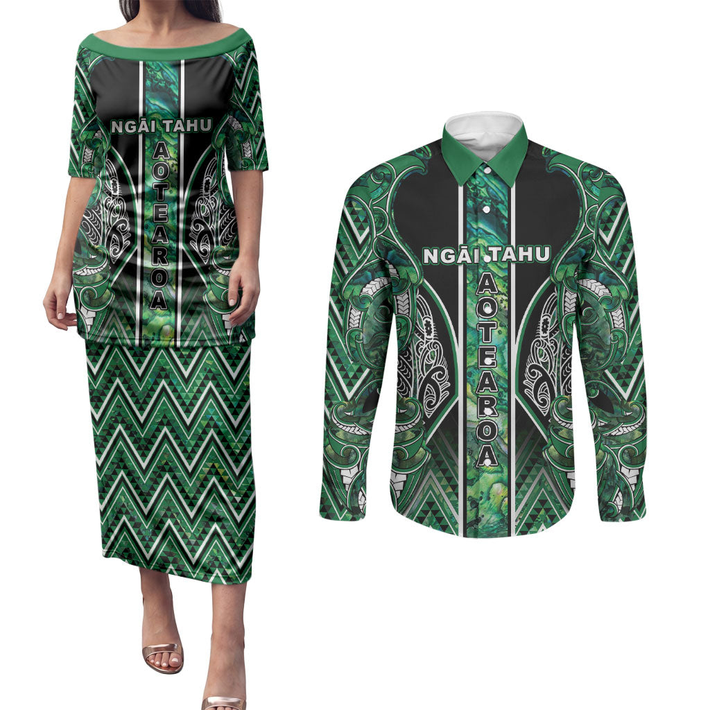Aotearoa Ngai Tahu Couples Matching Puletasi and Long Sleeve Button Shirt Maori Tribal Dark Green Paua Shell Pattern