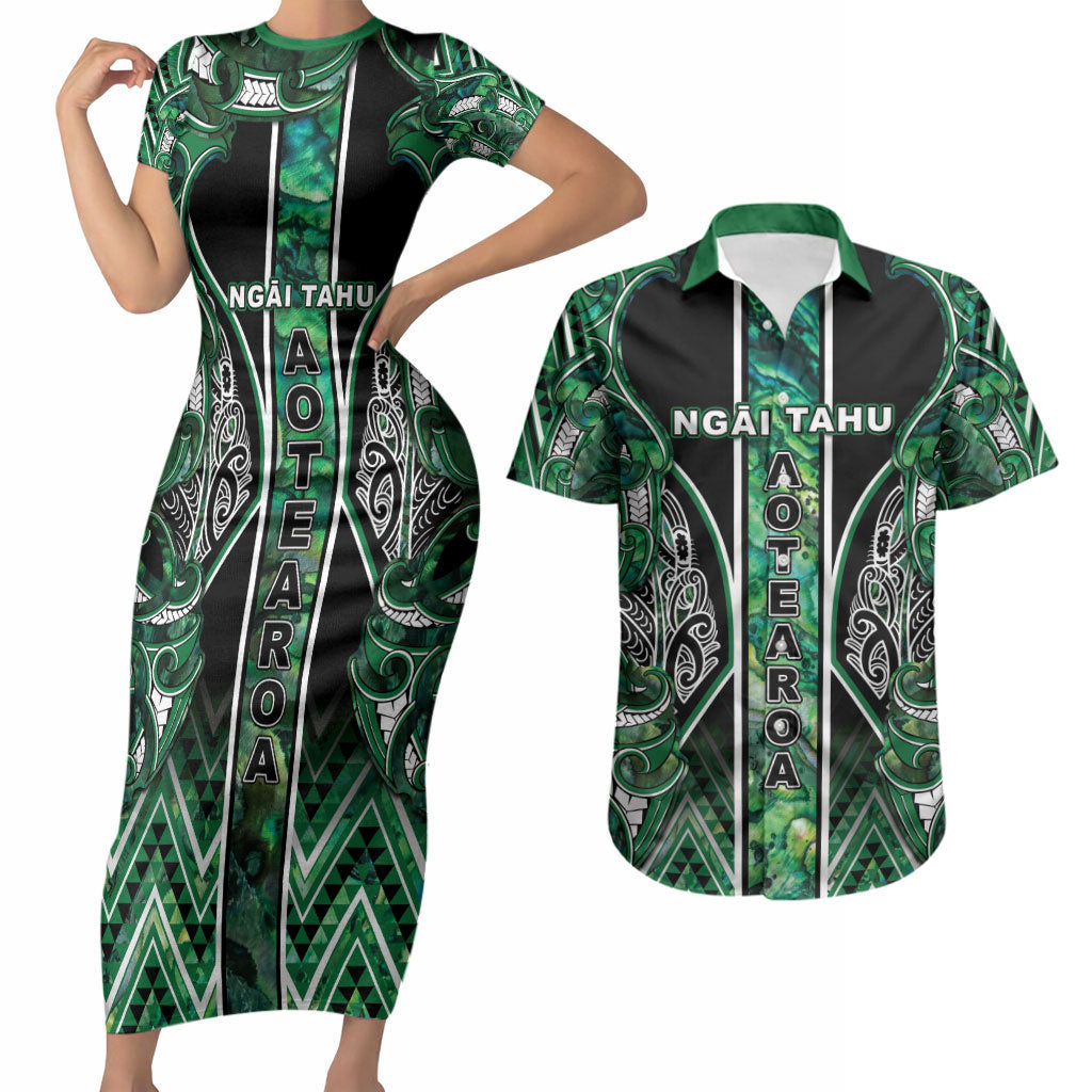 Aotearoa Ngai Tahu Couples Matching Short Sleeve Bodycon Dress and Hawaiian Shirt Maori Tribal Dark Green Paua Shell Pattern
