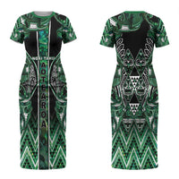 Aotearoa Ngai Tahu Couples Matching Short Sleeve Bodycon Dress and Hawaiian Shirt Maori Tribal Dark Green Paua Shell Pattern