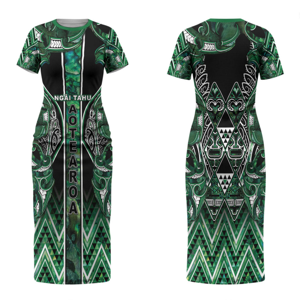 Aotearoa Ngai Tahu Couples Matching Short Sleeve Bodycon Dress and Long Sleeve Button Shirt Maori Tribal Dark Green Paua Shell Pattern