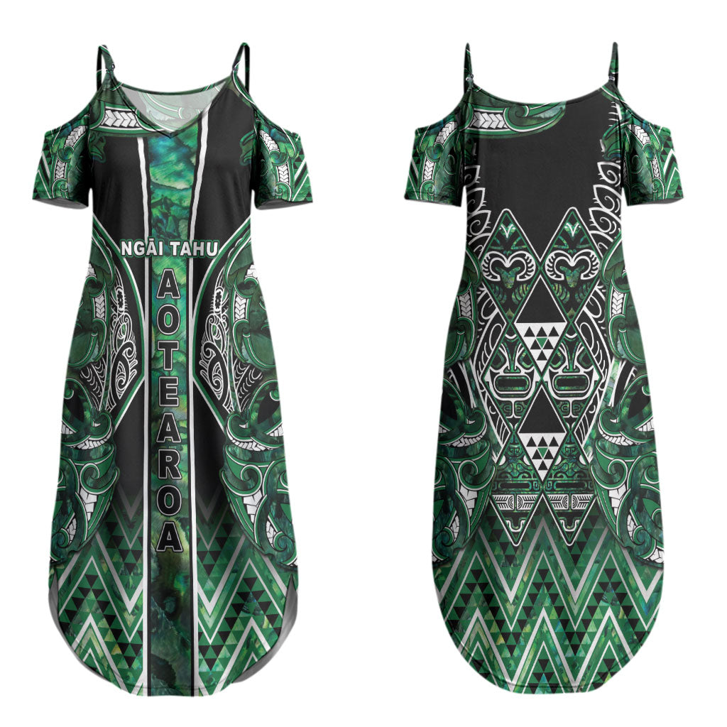 Aotearoa Ngai Tahu Couples Matching Summer Maxi Dress and Hawaiian Shirt Maori Tribal Dark Green Paua Shell Pattern