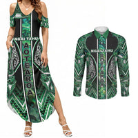 Aotearoa Ngai Tahu Couples Matching Summer Maxi Dress and Long Sleeve Button Shirt Maori Tribal Dark Green Paua Shell Pattern