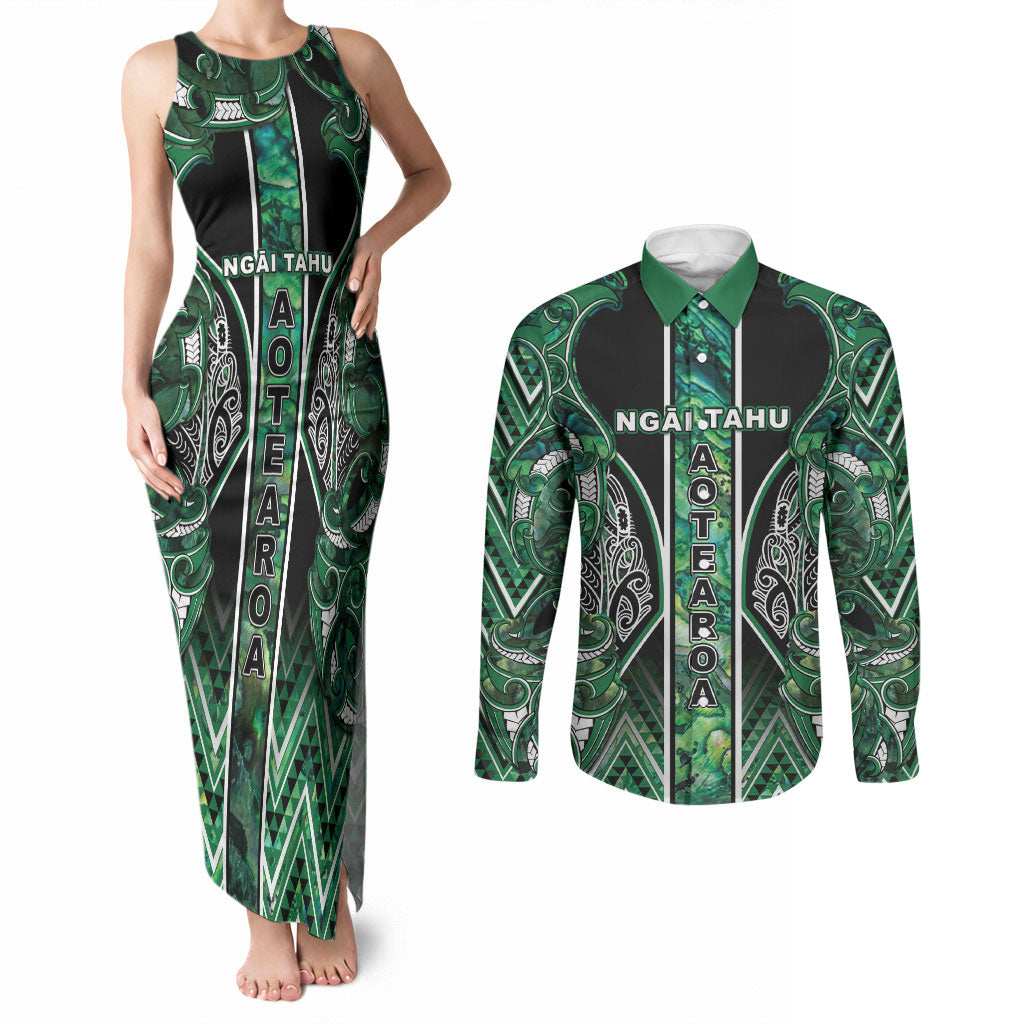 Aotearoa Ngai Tahu Couples Matching Tank Maxi Dress and Long Sleeve Button Shirt Maori Tribal Dark Green Paua Shell Pattern DT05 Green - Polynesian Pride