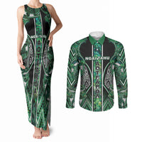 Aotearoa Ngai Tahu Couples Matching Tank Maxi Dress and Long Sleeve Button Shirt Maori Tribal Dark Green Paua Shell Pattern
