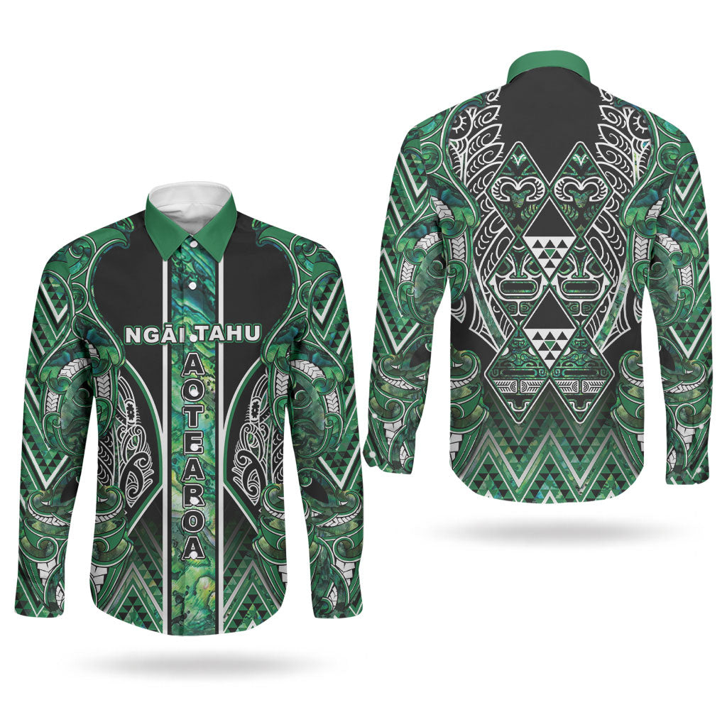 Aotearoa Ngai Tahu Couples Matching Tank Maxi Dress and Long Sleeve Button Shirt Maori Tribal Dark Green Paua Shell Pattern