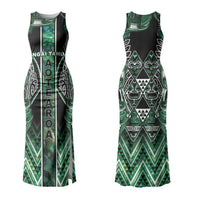 Aotearoa Ngai Tahu Couples Matching Tank Maxi Dress and Long Sleeve Button Shirt Maori Tribal Dark Green Paua Shell Pattern