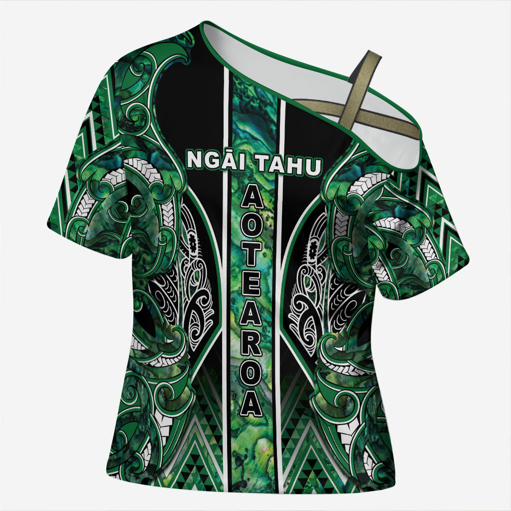 Aotearoa Ngai Tahu Cross Shoulder Shirt Maori Tribal Dark Green Paua Shell Pattern DT05 Female Green - Polynesian Pride