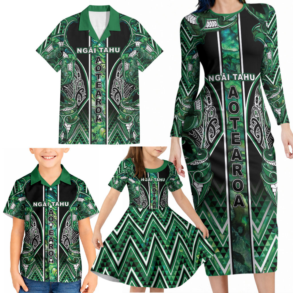Aotearoa Ngai Tahu Family Matching Long Sleeve Bodycon Dress and Hawaiian Shirt Maori Tribal Dark Green Paua Shell Pattern DT05 - Polynesian Pride