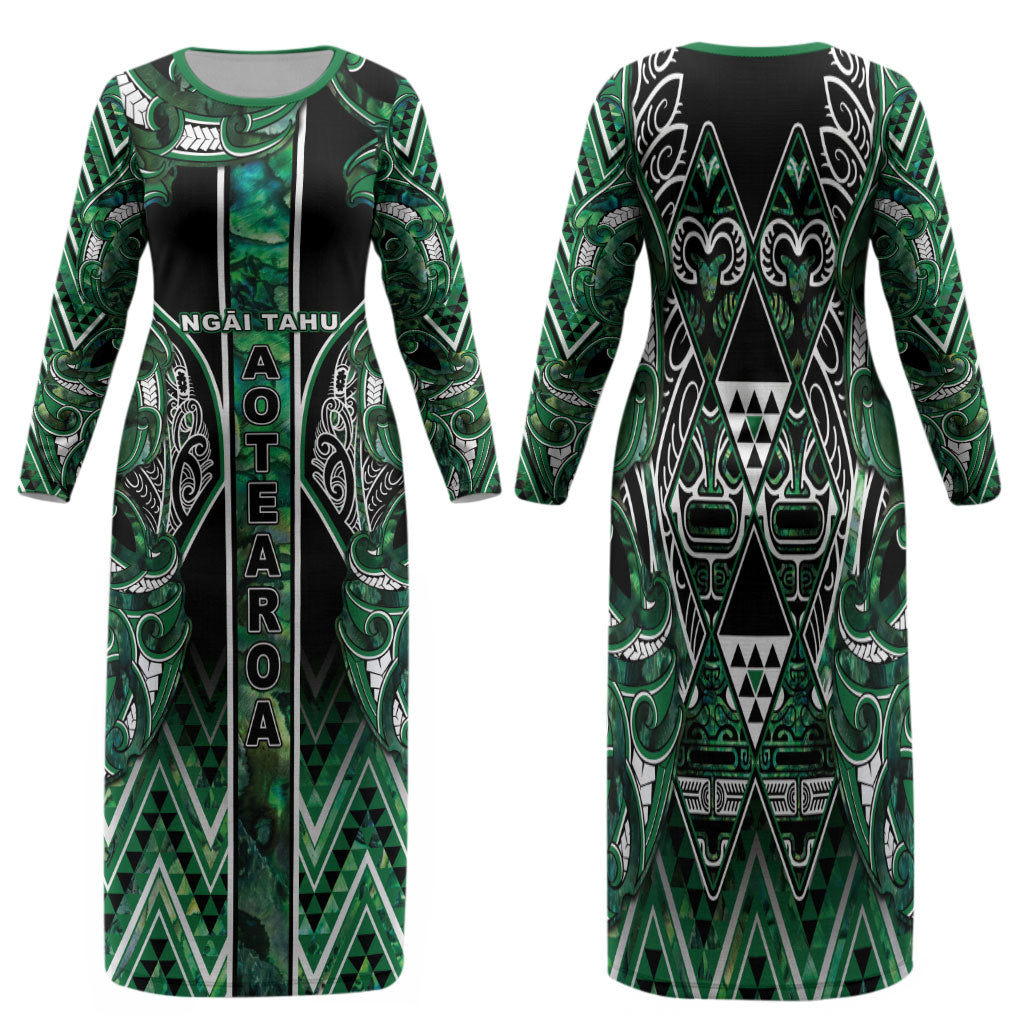 Aotearoa Ngai Tahu Family Matching Long Sleeve Bodycon Dress and Hawaiian Shirt Maori Tribal Dark Green Paua Shell Pattern