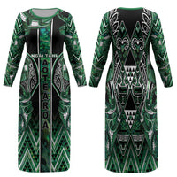 Aotearoa Ngai Tahu Family Matching Long Sleeve Bodycon Dress and Hawaiian Shirt Maori Tribal Dark Green Paua Shell Pattern