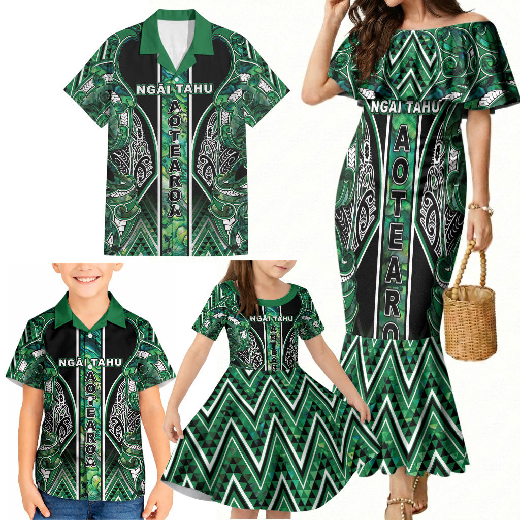 Aotearoa Ngai Tahu Family Matching Mermaid Dress and Hawaiian Shirt Maori Tribal Dark Green Paua Shell Pattern