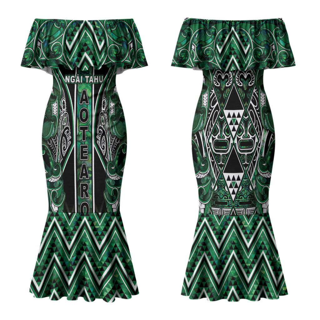 Aotearoa Ngai Tahu Family Matching Mermaid Dress and Hawaiian Shirt Maori Tribal Dark Green Paua Shell Pattern