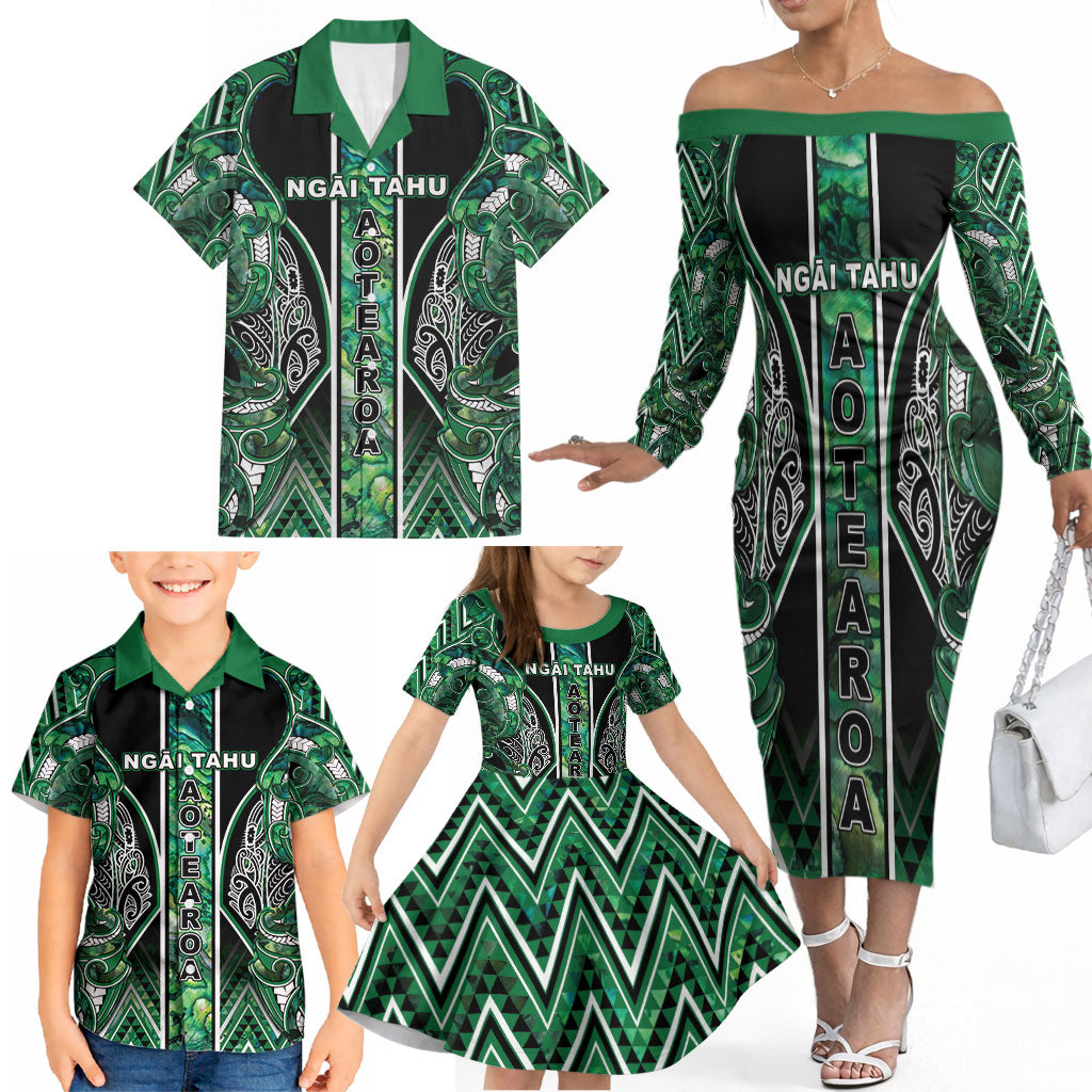 Aotearoa Ngai Tahu Family Matching Off The Shoulder Long Sleeve Dress and Hawaiian Shirt Maori Tribal Dark Green Paua Shell Pattern DT05 - Polynesian Pride