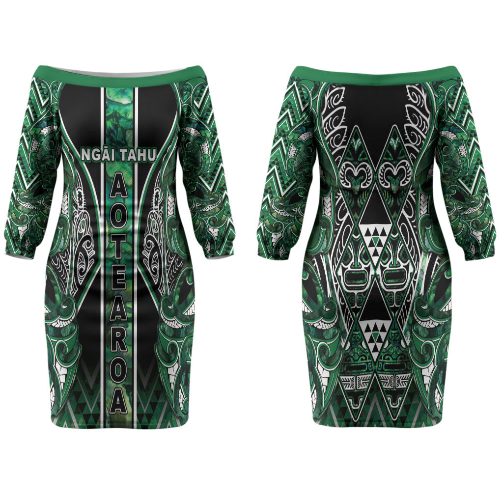 Aotearoa Ngai Tahu Family Matching Off The Shoulder Long Sleeve Dress and Hawaiian Shirt Maori Tribal Dark Green Paua Shell Pattern