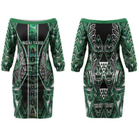 Aotearoa Ngai Tahu Family Matching Off The Shoulder Long Sleeve Dress and Hawaiian Shirt Maori Tribal Dark Green Paua Shell Pattern