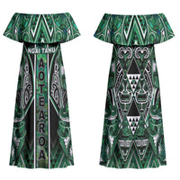 Aotearoa Ngai Tahu Family Matching Off Shoulder Maxi Dress and Hawaiian Shirt Maori Tribal Dark Green Paua Shell Pattern