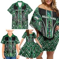 Aotearoa Ngai Tahu Family Matching Off Shoulder Short Dress and Hawaiian Shirt Maori Tribal Dark Green Paua Shell Pattern