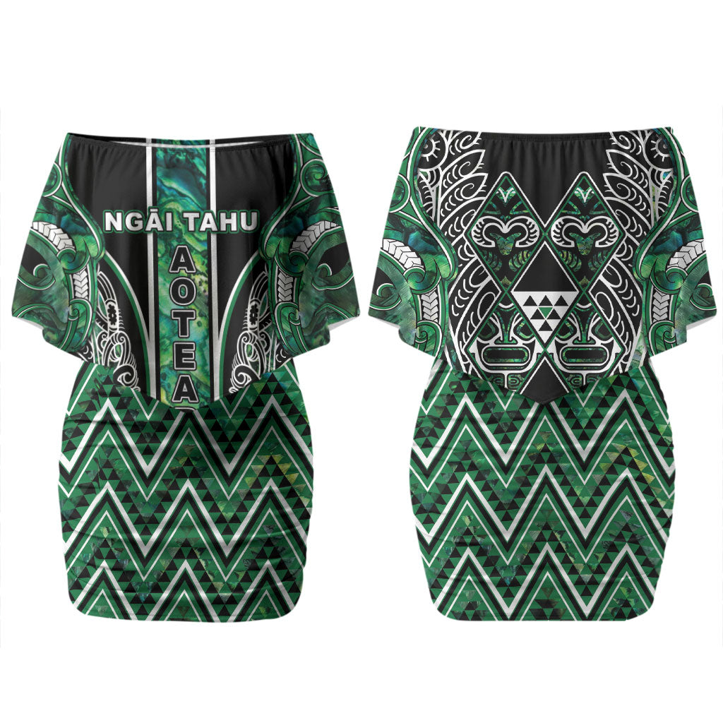 Aotearoa Ngai Tahu Family Matching Off Shoulder Short Dress and Hawaiian Shirt Maori Tribal Dark Green Paua Shell Pattern