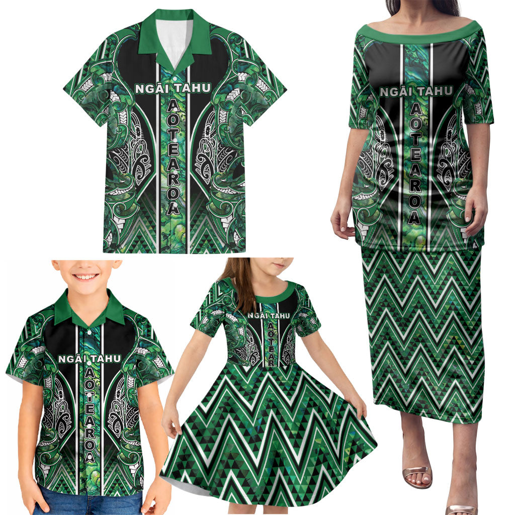 Aotearoa Ngai Tahu Family Matching Puletasi and Hawaiian Shirt Maori Tribal Dark Green Paua Shell Pattern