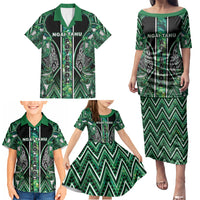 Aotearoa Ngai Tahu Family Matching Puletasi and Hawaiian Shirt Maori Tribal Dark Green Paua Shell Pattern