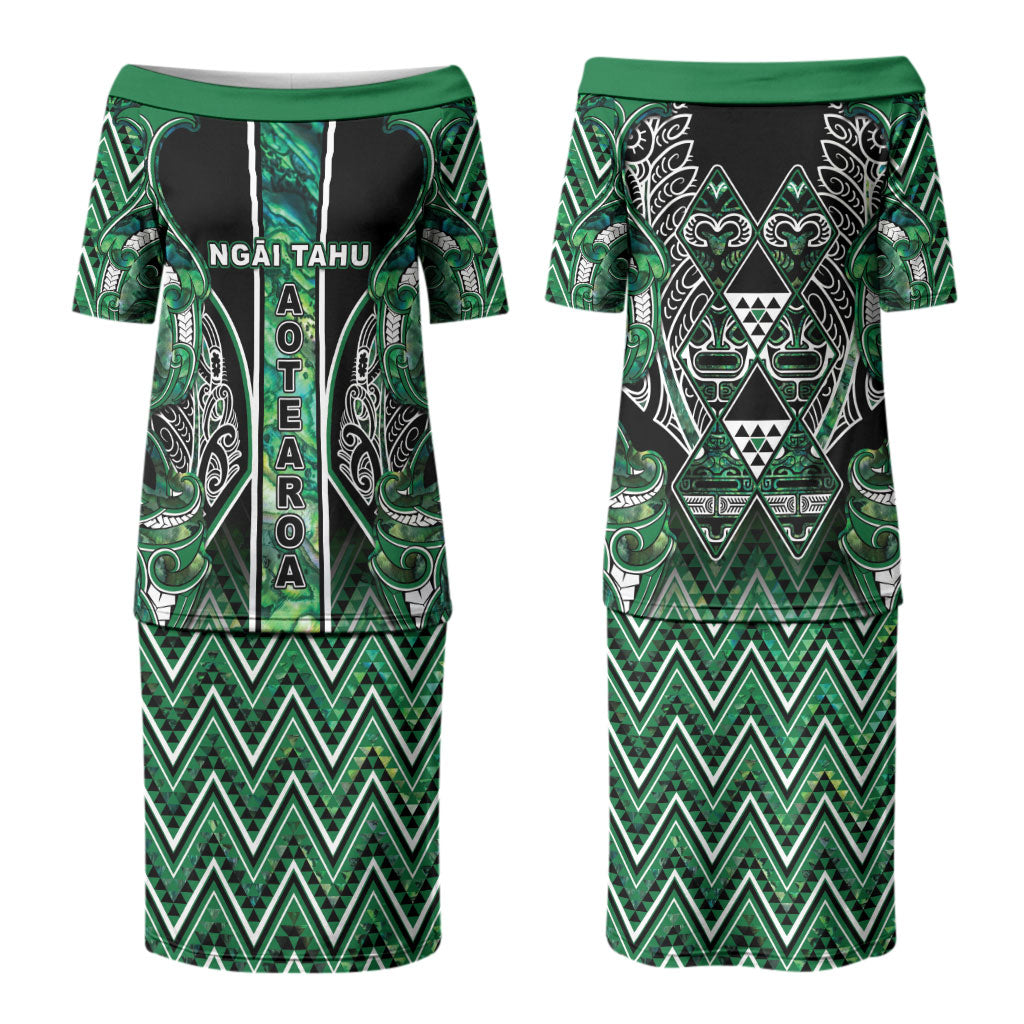 Aotearoa Ngai Tahu Family Matching Puletasi and Hawaiian Shirt Maori Tribal Dark Green Paua Shell Pattern