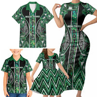 Aotearoa Ngai Tahu Family Matching Short Sleeve Bodycon Dress and Hawaiian Shirt Maori Tribal Dark Green Paua Shell Pattern