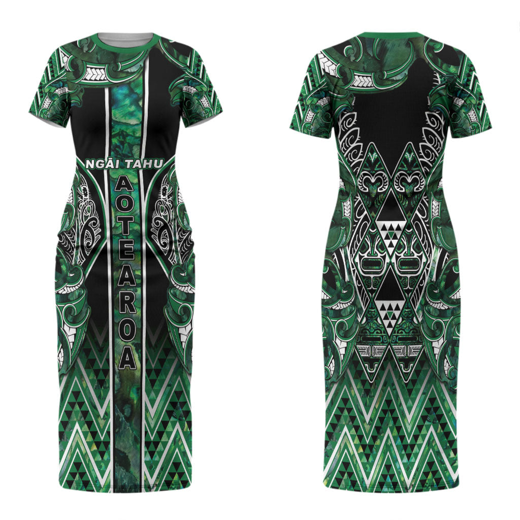 Aotearoa Ngai Tahu Family Matching Short Sleeve Bodycon Dress and Hawaiian Shirt Maori Tribal Dark Green Paua Shell Pattern