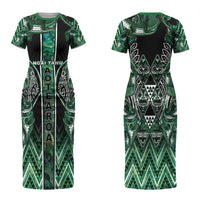 Aotearoa Ngai Tahu Family Matching Short Sleeve Bodycon Dress and Hawaiian Shirt Maori Tribal Dark Green Paua Shell Pattern