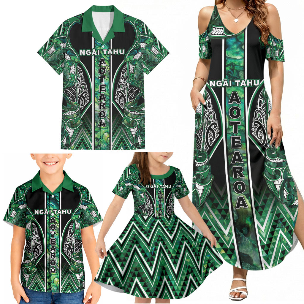 Aotearoa Ngai Tahu Family Matching Summer Maxi Dress and Hawaiian Shirt Maori Tribal Dark Green Paua Shell Pattern