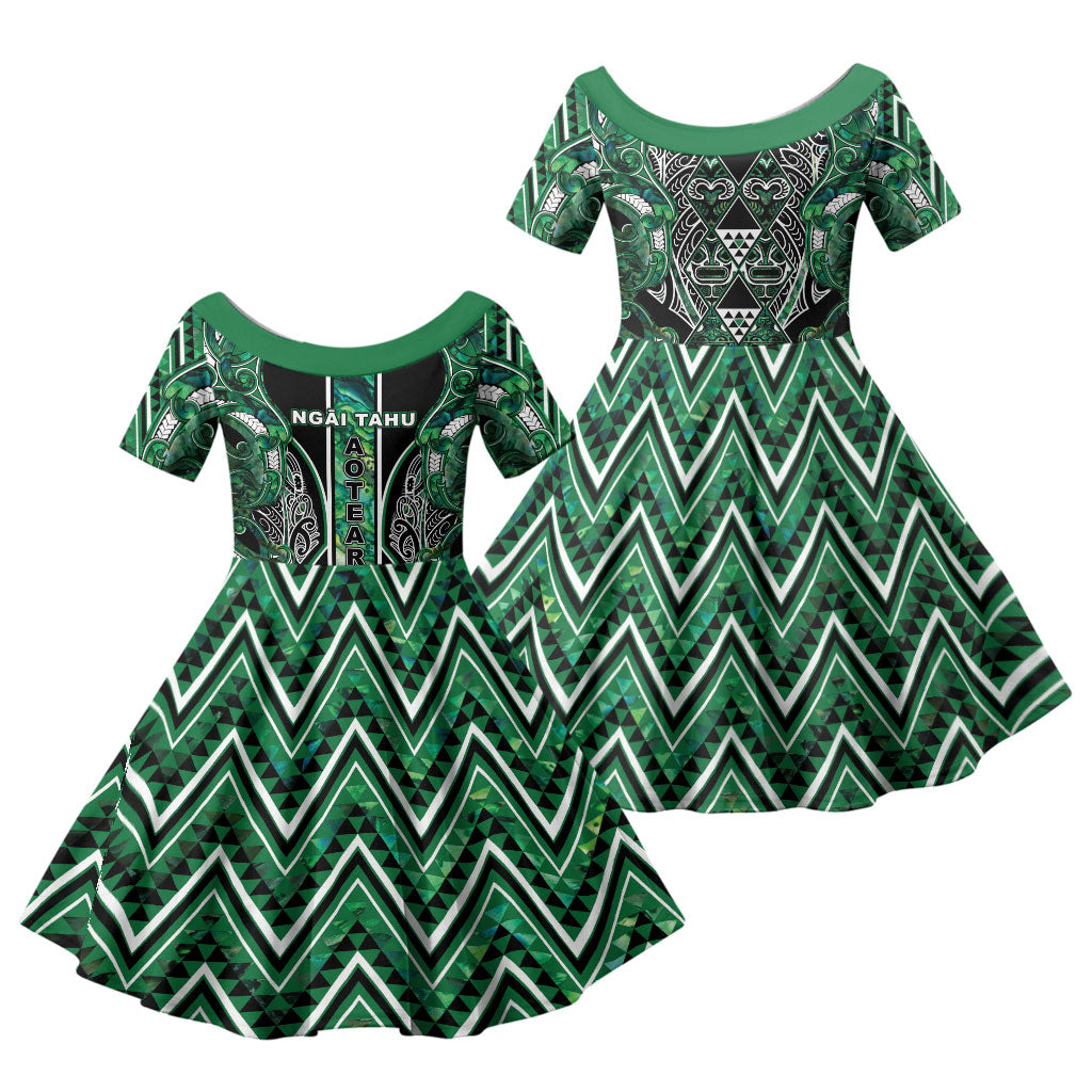Aotearoa Ngai Tahu Family Matching Summer Maxi Dress and Hawaiian Shirt Maori Tribal Dark Green Paua Shell Pattern
