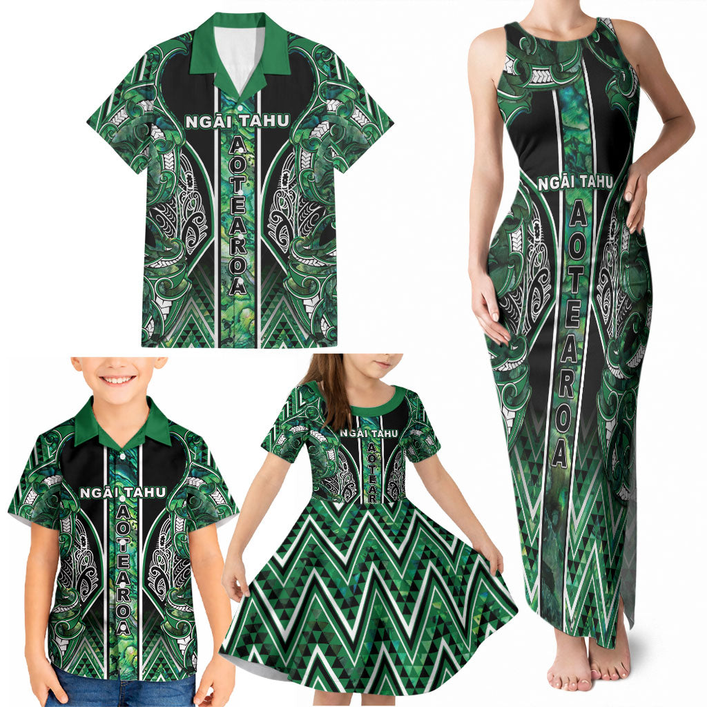 Aotearoa Ngai Tahu Family Matching Tank Maxi Dress and Hawaiian Shirt Maori Tribal Dark Green Paua Shell Pattern