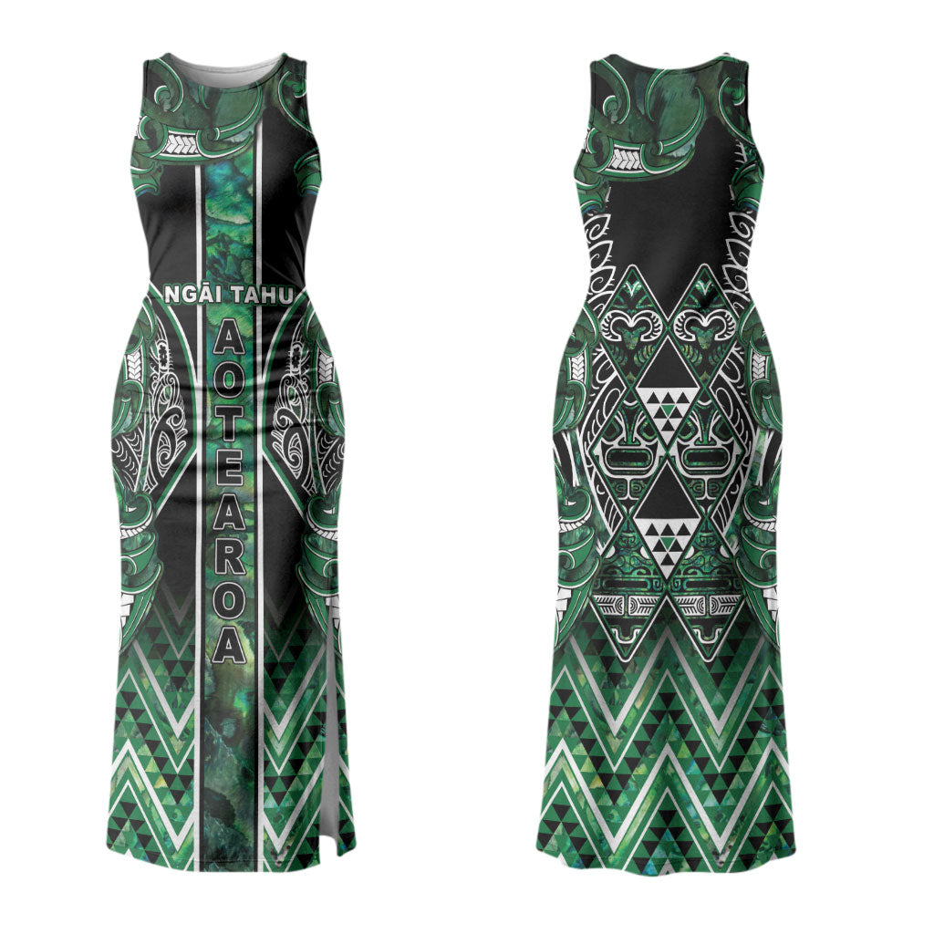 Aotearoa Ngai Tahu Family Matching Tank Maxi Dress and Hawaiian Shirt Maori Tribal Dark Green Paua Shell Pattern