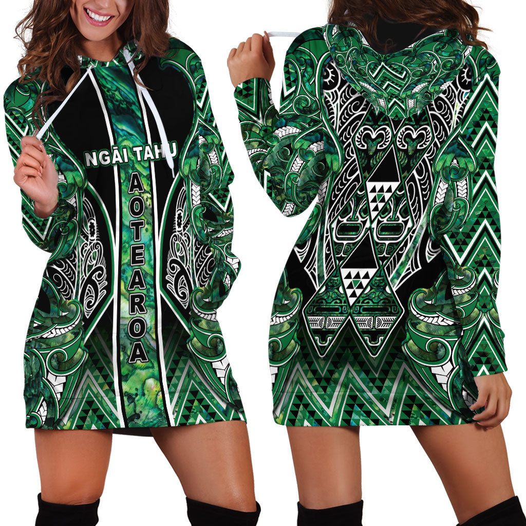 Aotearoa Ngai Tahu Hoodie Dress Maori Tribal Dark Green Paua Shell Pattern