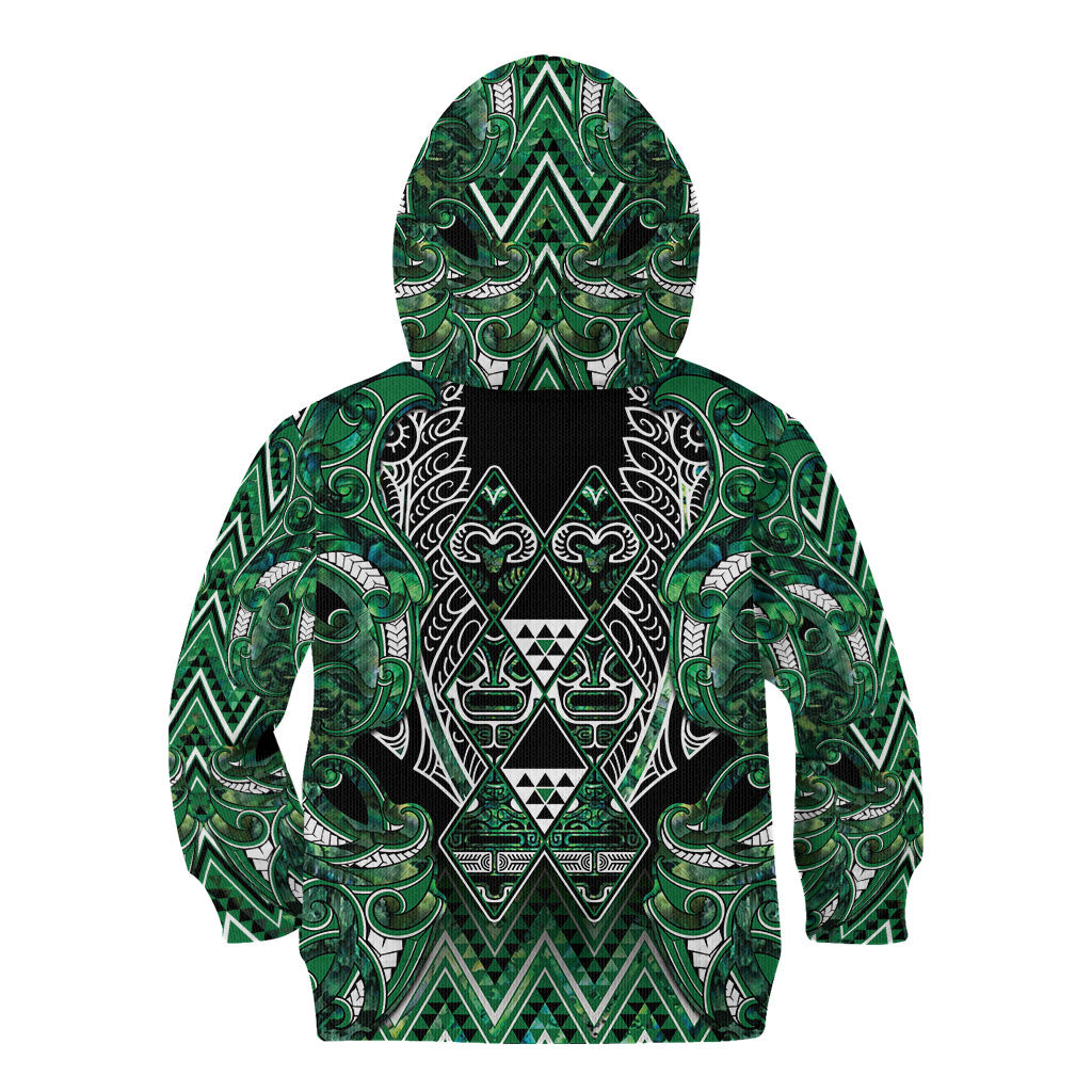 Aotearoa Ngai Tahu Kid Hoodie Maori Tribal Dark Green Paua Shell Pattern