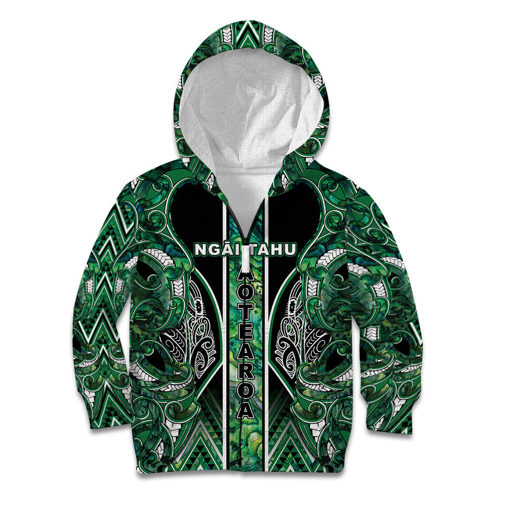 Aotearoa Ngai Tahu Kid Hoodie Maori Tribal Dark Green Paua Shell Pattern