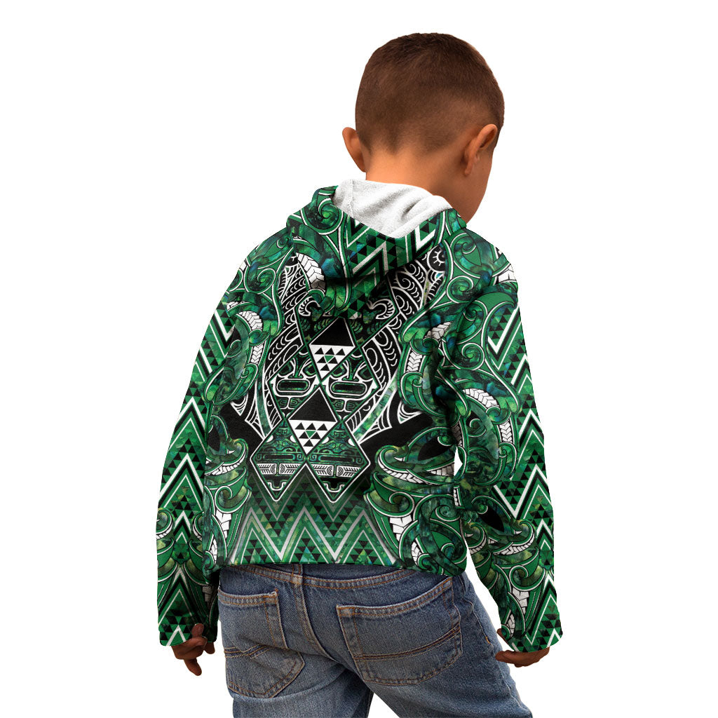Aotearoa Ngai Tahu Kid Hoodie Maori Tribal Dark Green Paua Shell Pattern