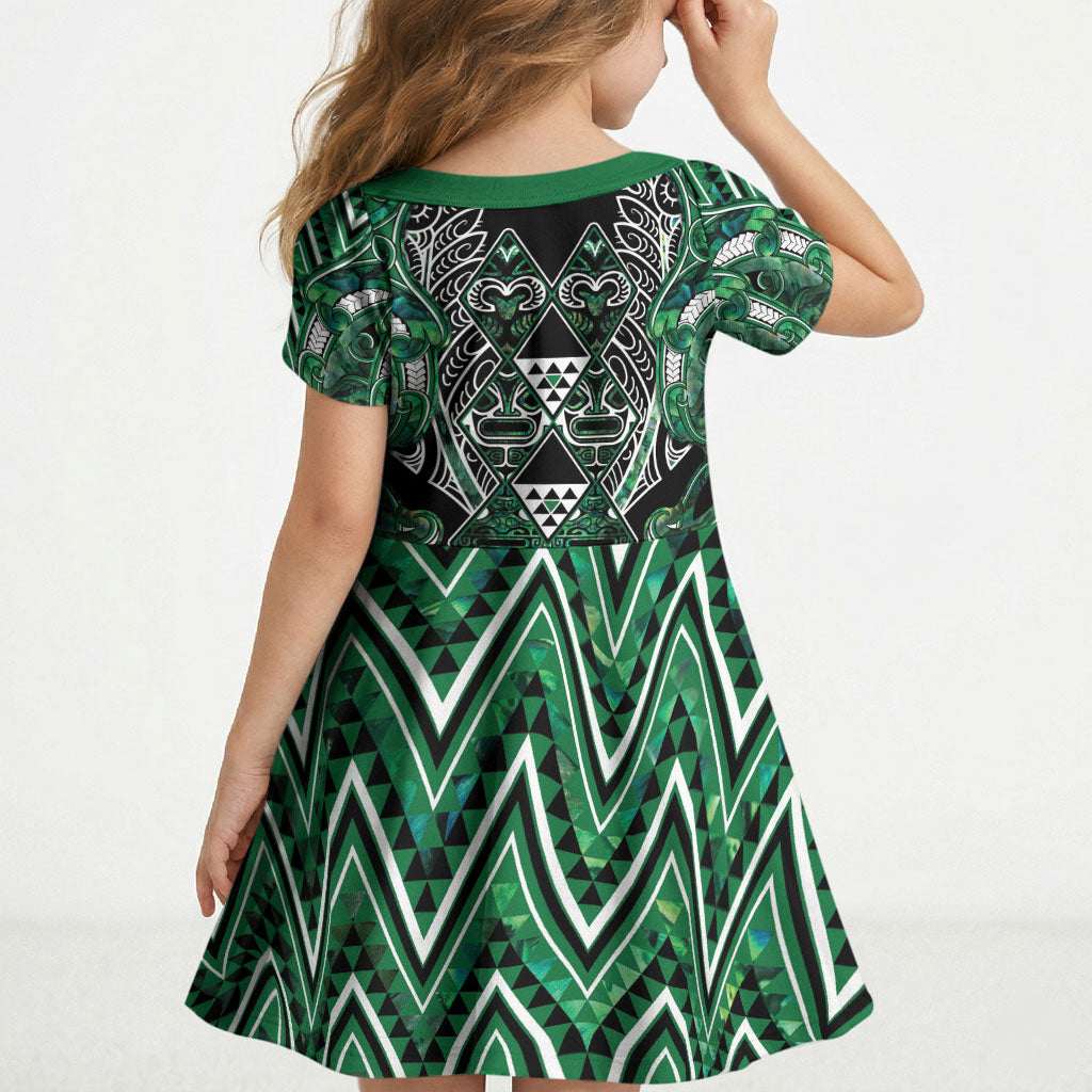Aotearoa Ngai Tahu Kid Short Sleeve Dress Maori Tribal Dark Green Paua Shell Pattern